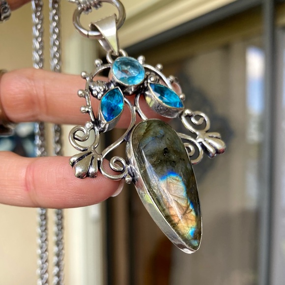 925 Sterling silver overlay natural labradorite sapphire aquamarine necklace - Picture 4 of 16